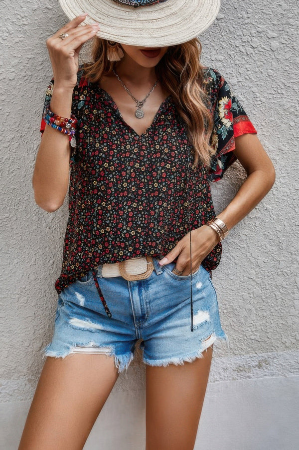 Floral Boho Ruffle V Neck Short Sleeve Loose Shirt - | SmartBuyApparel