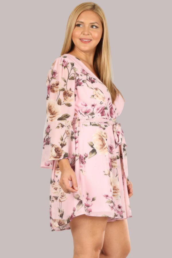 Floral Chiffon 3/4 Sleeve Tie Waist Romper - Romper - SmartBuyApparel