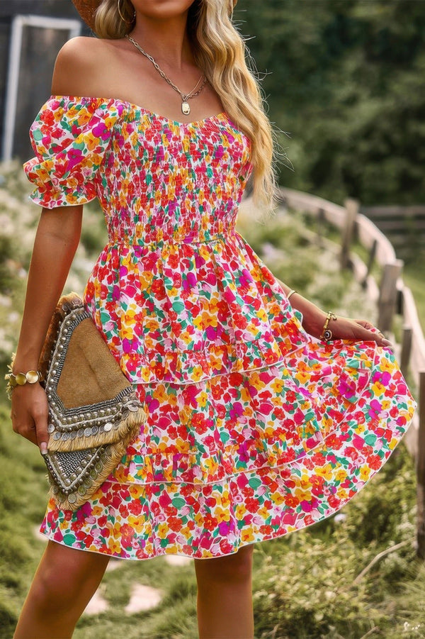 Floral Print Fit Short Sleeve A Line Dress - | SmartBuyApparel