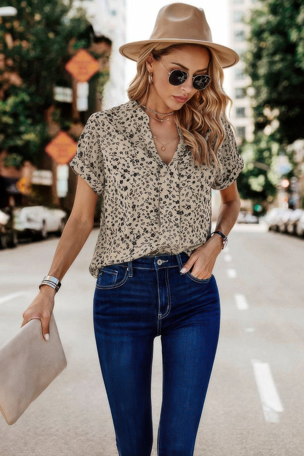 Floral Print V Neck Loose Fit Blouse - | SmartBuyApparel