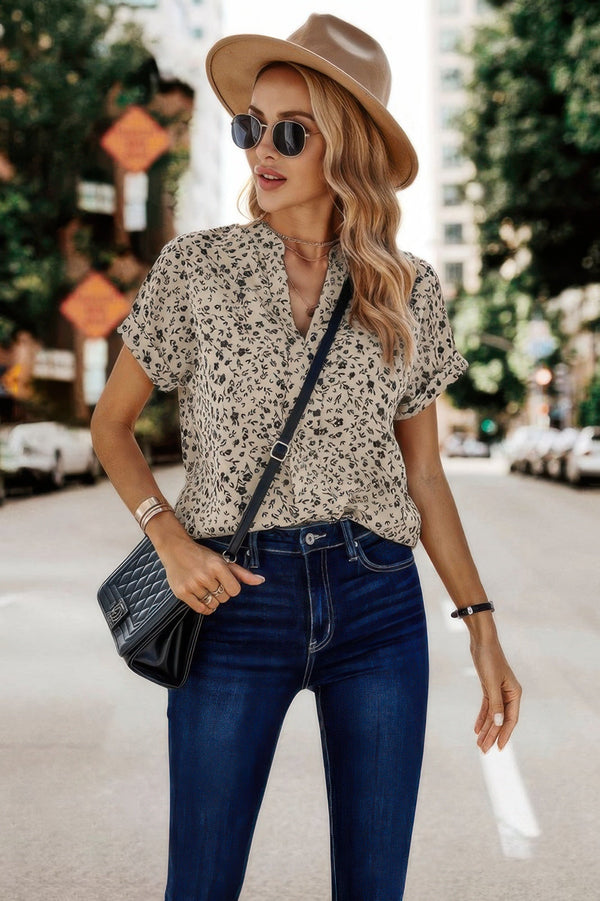 Floral Print V Neck Loose Fit Blouse - | SmartBuyApparel