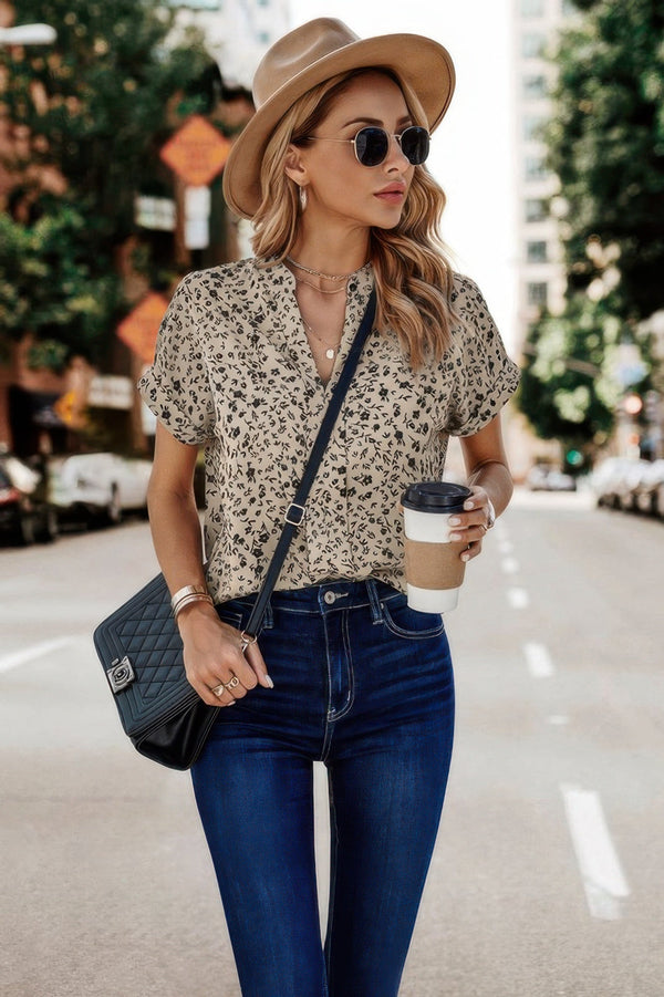Floral Print V Neck Loose Fit Blouse - | SmartBuyApparel