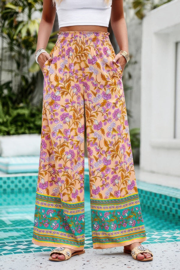 Floral Print Wide Stright Leg Pockets Elastic Pant - | SmartBuyApparel