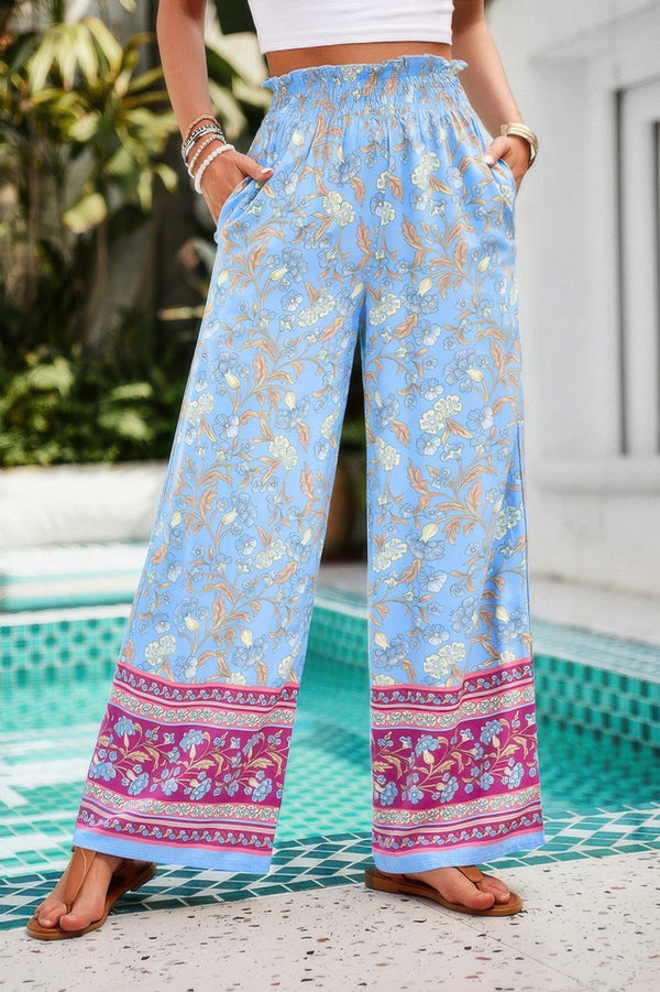 Floral Print Wide Stright Leg Pockets Elastic Pant - | SmartBuyApparel