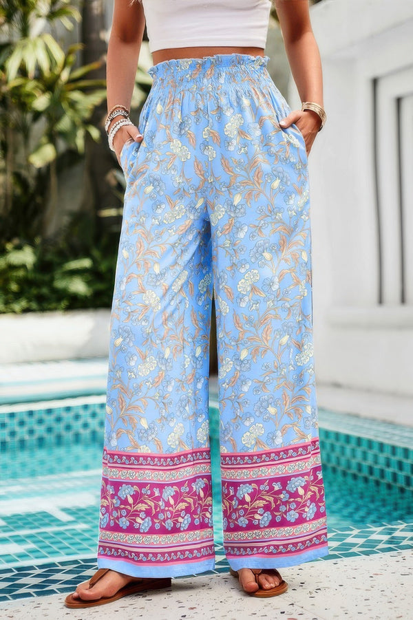 Floral Print Wide Stright Leg Pockets Elastic Pant - | SmartBuyApparel