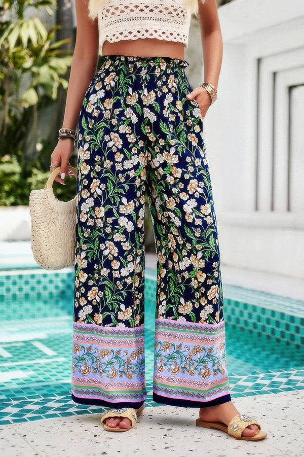 Floral Print Wide Stright Leg Pockets Elastic Pant - | SmartBuyApparel