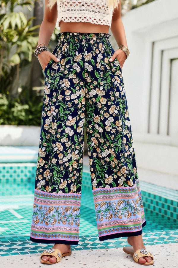 Floral Print Wide Stright Leg Pockets Elastic Pant - | SmartBuyApparel