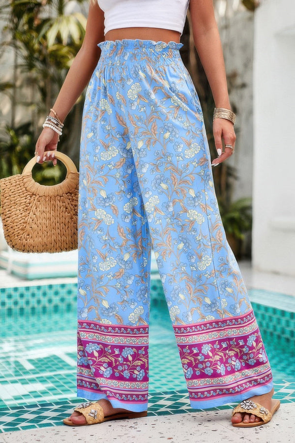Floral Print Wide Stright Leg Pockets Elastic Pant - | SmartBuyApparel