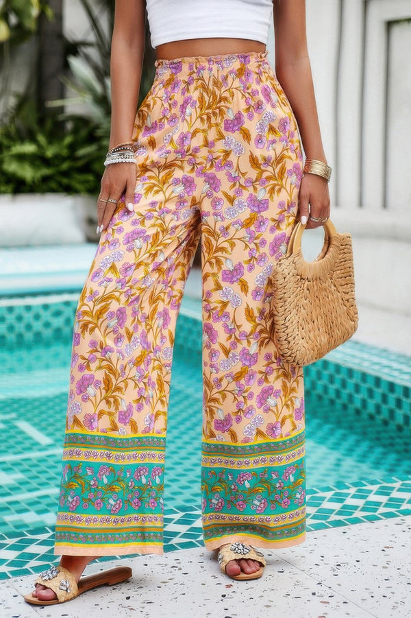 Floral Print Wide Stright Leg Pockets Elastic Pant - | SmartBuyApparel