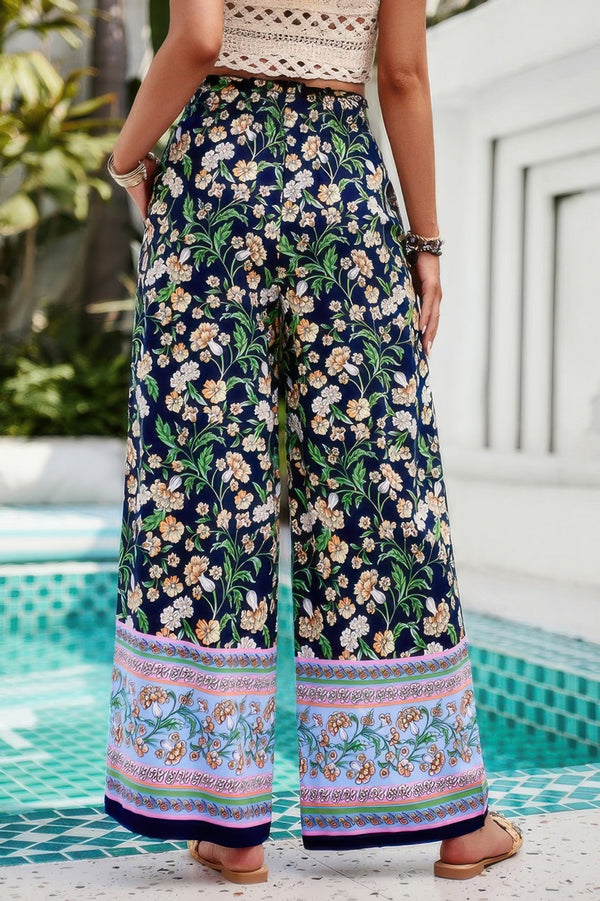Floral Print Wide Stright Leg Pockets Elastic Pant - | SmartBuyApparel