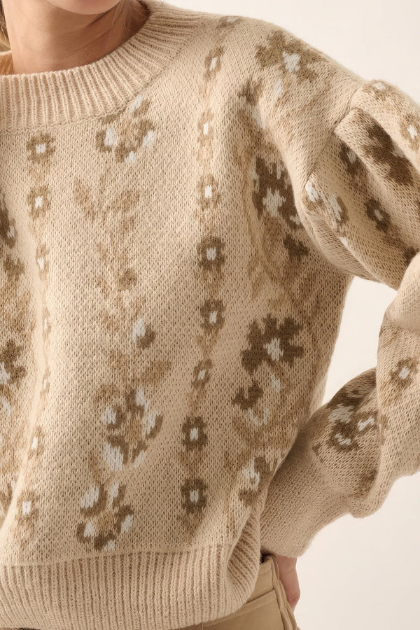 Floral Round Neck Long Sleeve Relax Fit Women's Sweater - Type: Women's sweater - SmartBuyApparel