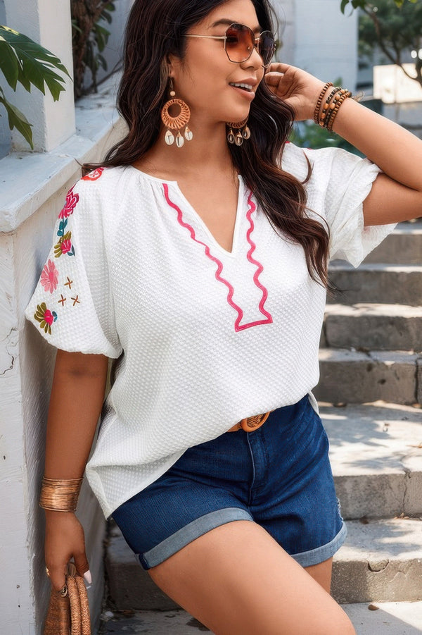 Floral V Neck Ruffle Puff Sleeve Lace Blouse - | SmartBuyApparel