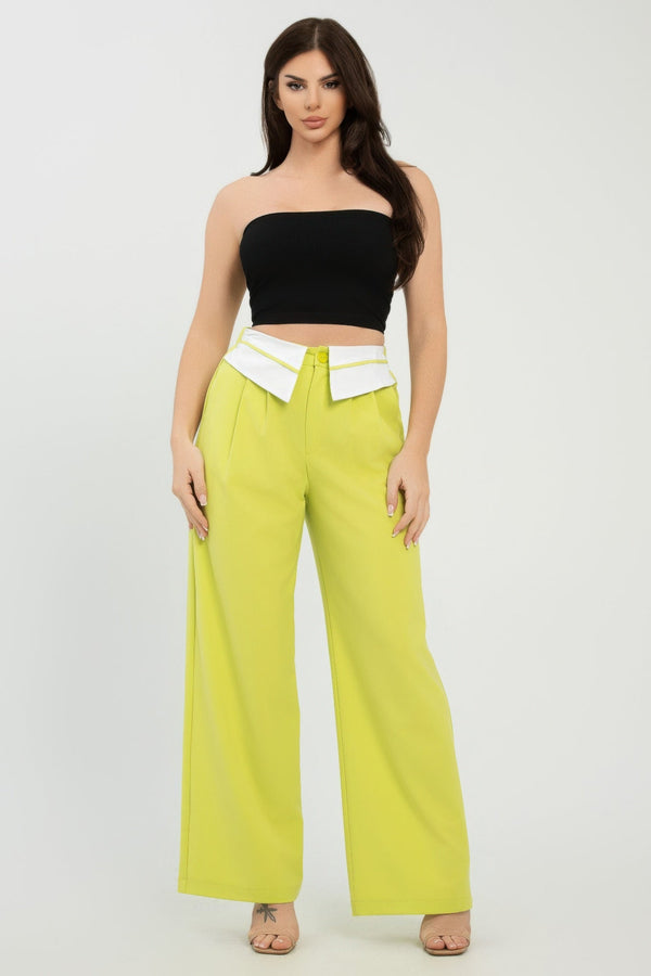 Front Button Fold - over Inside Zipper Pants - Women's Pants - SmartBuyApparel