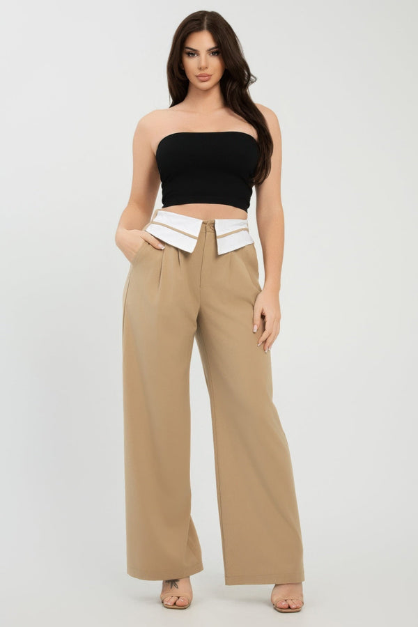 Front Button Fold - over Inside Zipper Pants - Women's Pants - SmartBuyApparel