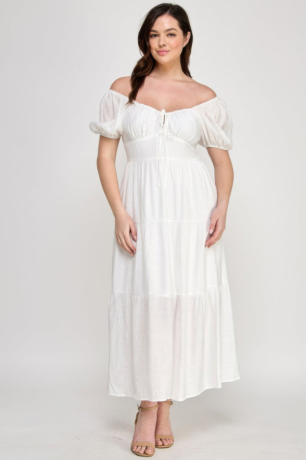Front Tie Puff Sleeve Tired Maxi Dress - | SmartBuyApparel