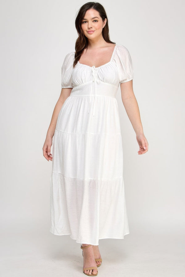 Front Tie Puff Sleeve Tired Maxi Dress - | SmartBuyApparel