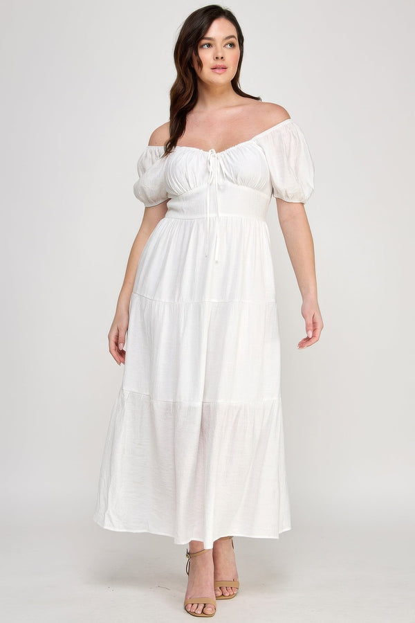 Front Tie Puff Sleeve Tired Maxi Dress - | SmartBuyApparel