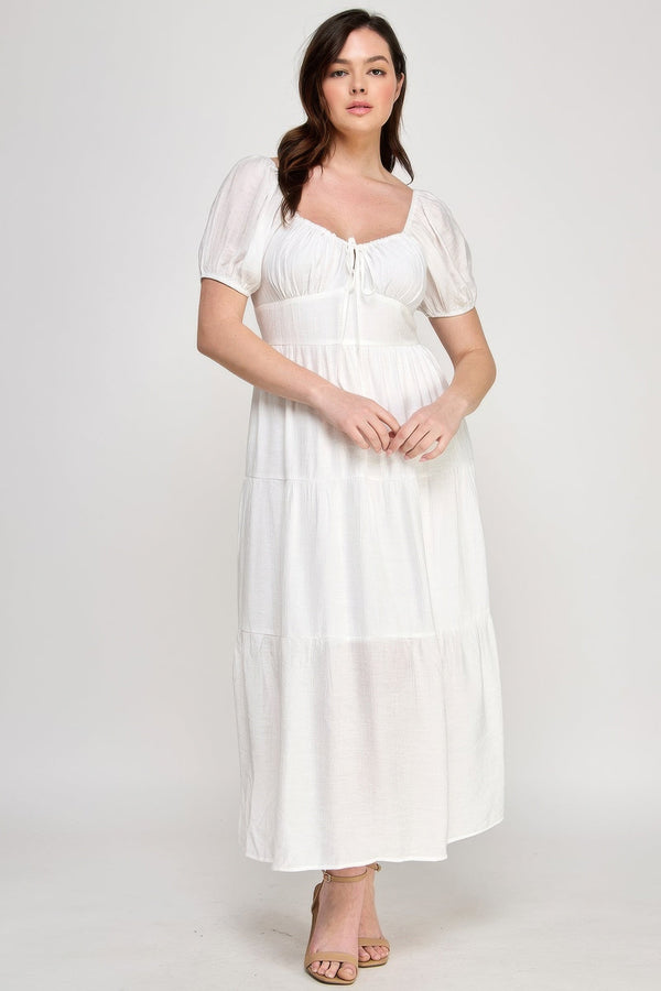 Front Tie Puff Sleeve Tired Maxi Dress - | SmartBuyApparel