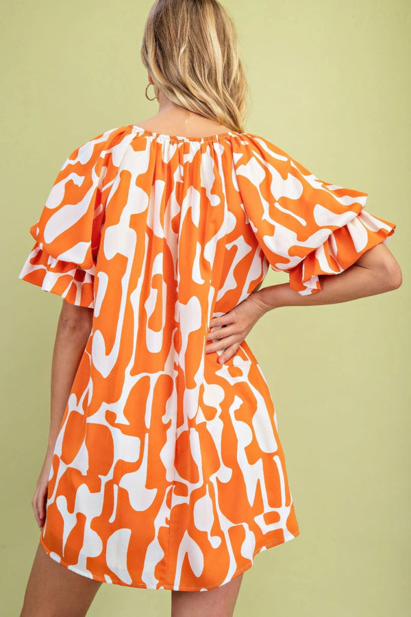 Geometric Print Loose Fit Mini Dress With Gathered Balloon Sleeves - | SmartBuyApparel