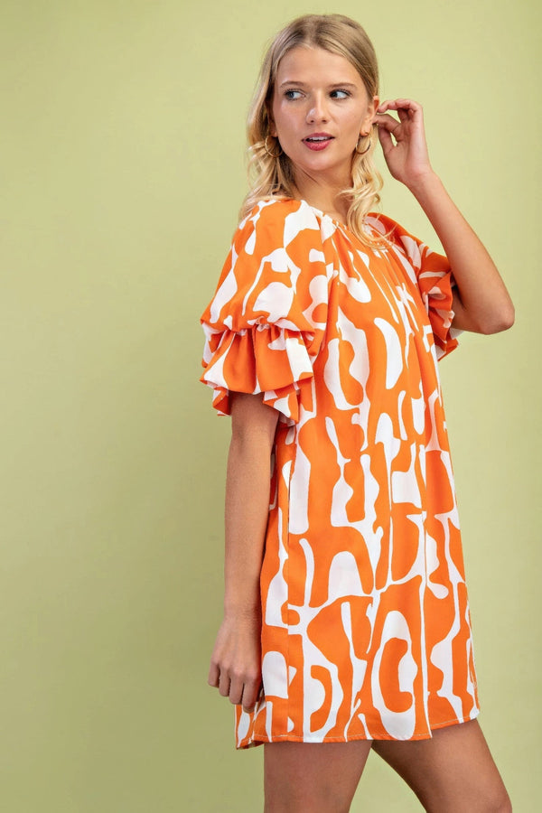 Geometric Print Loose Fit Mini Dress With Gathered Balloon Sleeves - | SmartBuyApparel