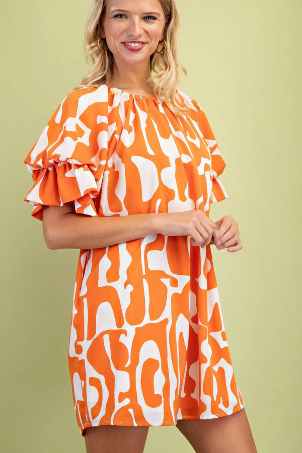 Geometric Print Loose Fit Mini Dress With Gathered Balloon Sleeves - | SmartBuyApparel
