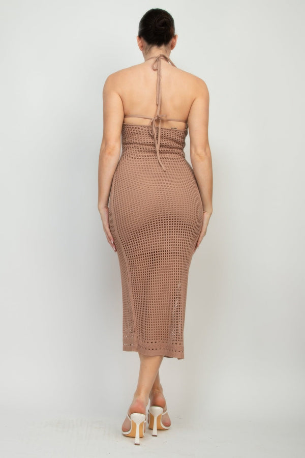 Halter Neck Open - back Midi Dress - Dress - SmartBuyApparel