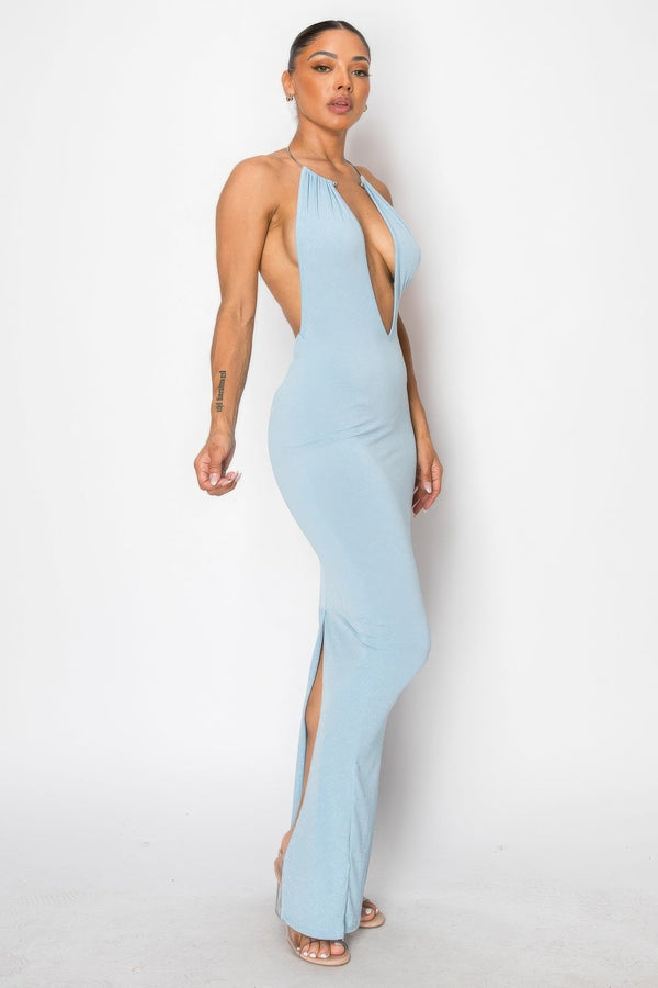 Halter Necklace Trim Long Dress - Dress - SmartBuyApparel