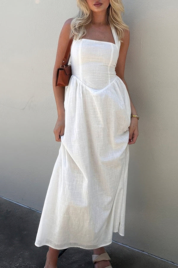 Halter Solid Pockets Sleeveless A Line Long Dress - | SmartBuyApparel