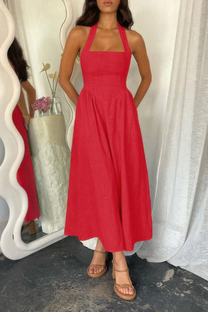 Halter Solid Pockets Sleeveless A Line Long Dress - | SmartBuyApparel