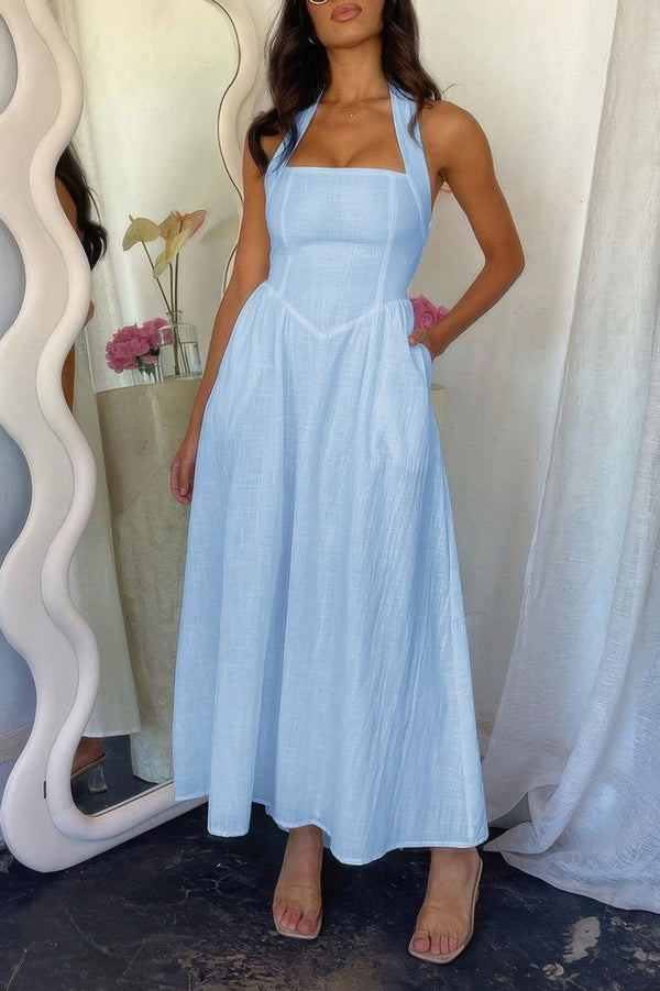 Halter Solid Pockets Sleeveless A Line Long Dress - | SmartBuyApparel