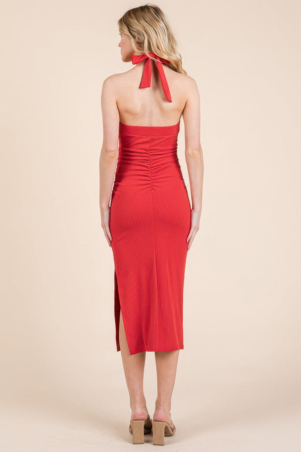 Halter Tied Criss - cross Midi Ribbed Dress - | SmartBuyApparel