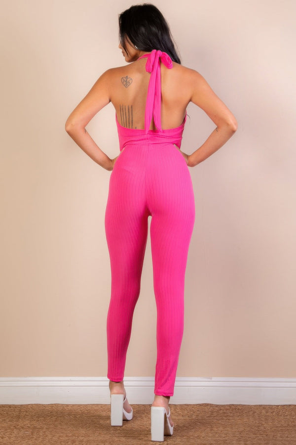Halter V Neck Ribbed Bodycon Jumpsuit - Jumpsuit - SmartBuyApparel