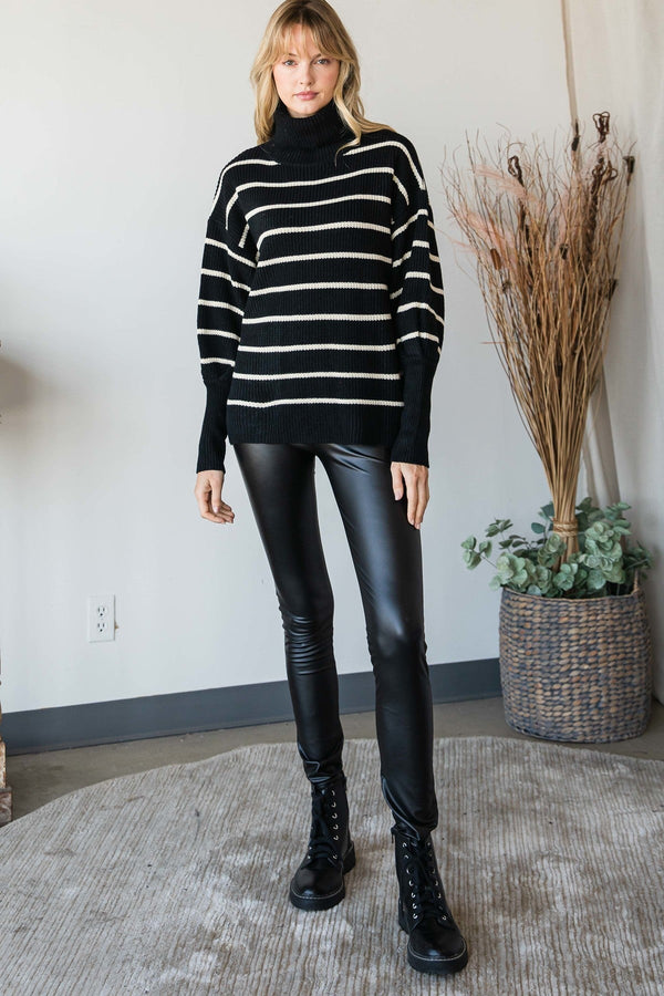 Heavy Knit Striped Turtle Neck Knit Sweater - Women's sweater - SmartBuyApparel