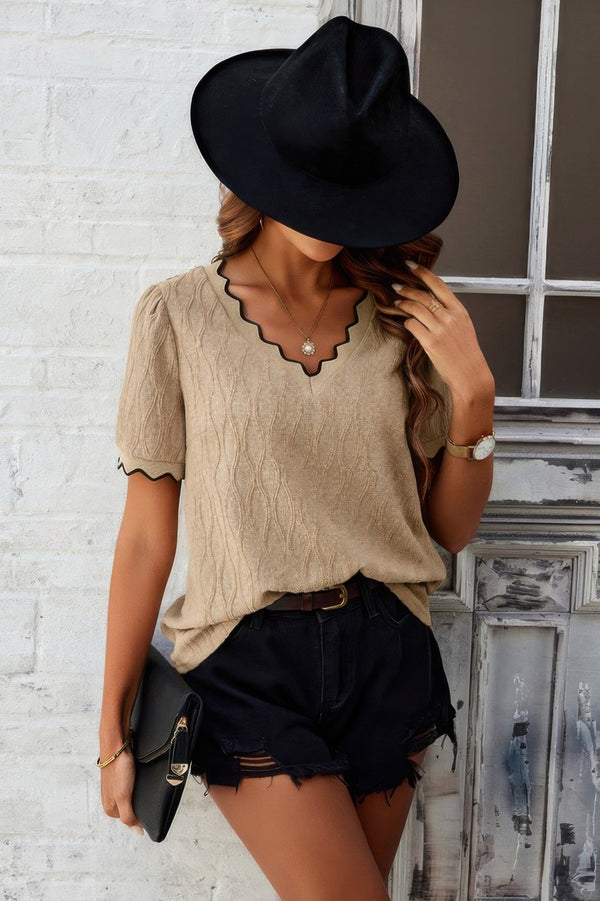 Knit Loose Fit V Neck Solid Drop Shoulder Top - | SmartBuyApparel