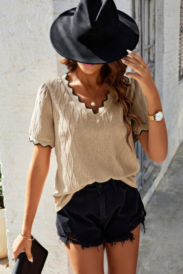 Knit Loose Fit V Neck Solid Drop Shoulder Top - | SmartBuyApparel