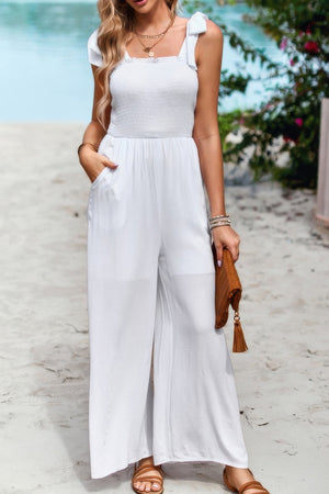 Knot Soild Ruched High Waist Pockets Jumpsuit - | SmartBuyApparel