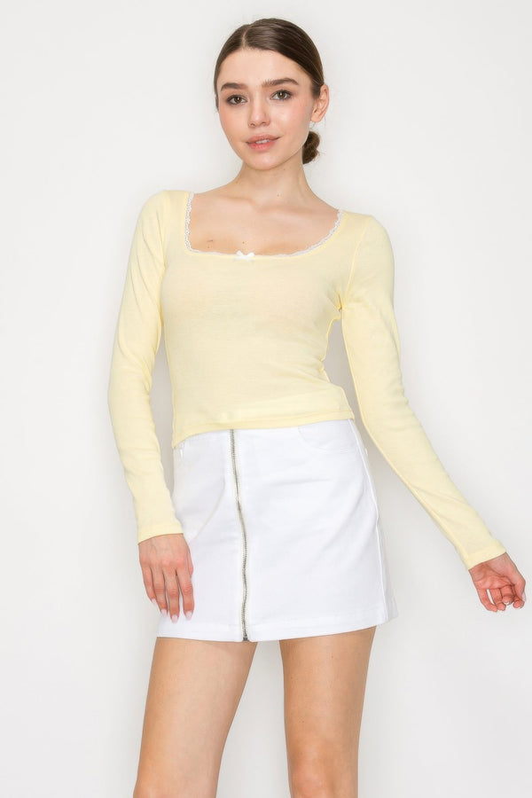 Lace Trim Square Long Sleeve Top - Women's top - SmartBuyApparel