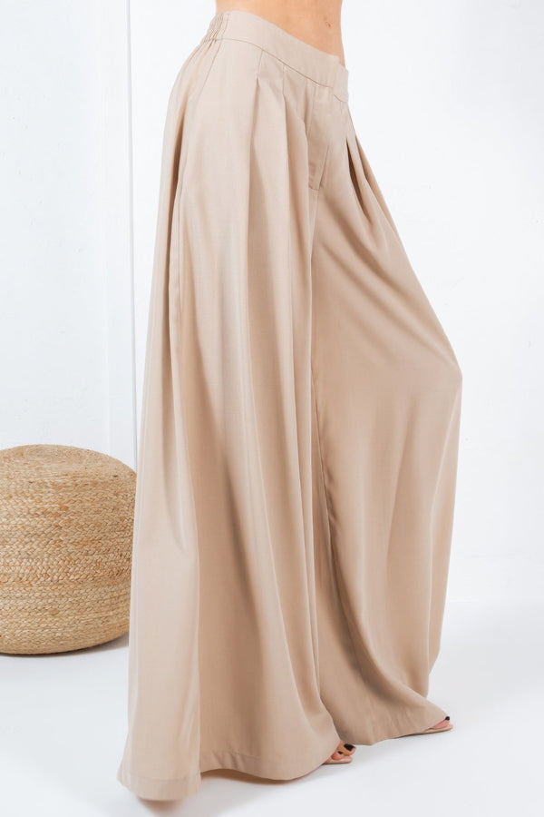 Large Hem Wide Leg Pleated Solid Pants - | SmartBuyApparel