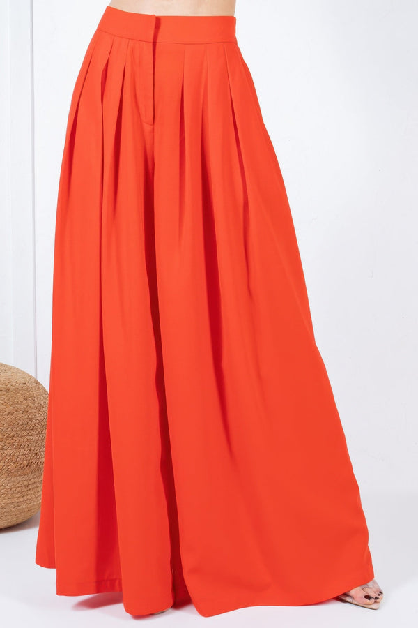 Large Hem Wide Leg Pleated Solid Pants - | SmartBuyApparel