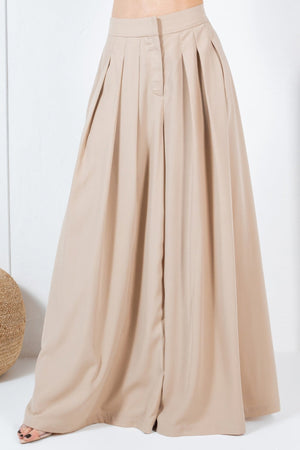Large Hem Wide Leg Pleated Solid Pants - | SmartBuyApparel
