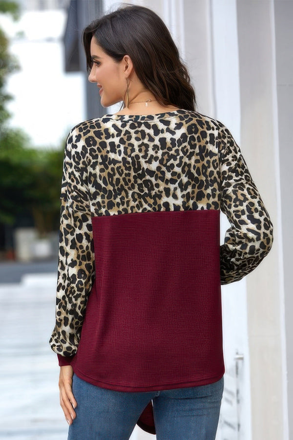 Leopard Stitching Bow Knit Crew Neck Loose Pullover - | SmartBuyApparel