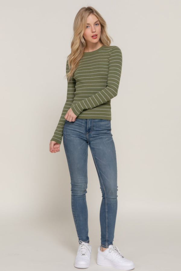 Long sleeve crew neck stripe sweater - Women's sweater - SmartBuyApparel