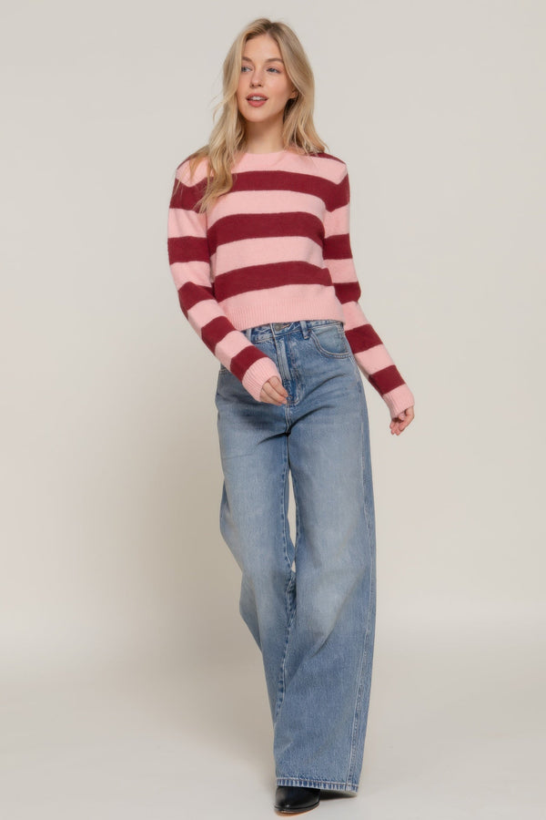 Long Sleeve Crew Neck Stripe Sweater - Women's sweater - SmartBuyApparel