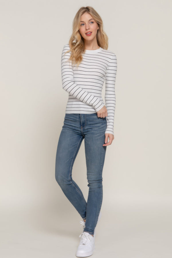 Long sleeve crew neck stripe sweater - Women's sweater - SmartBuyApparel