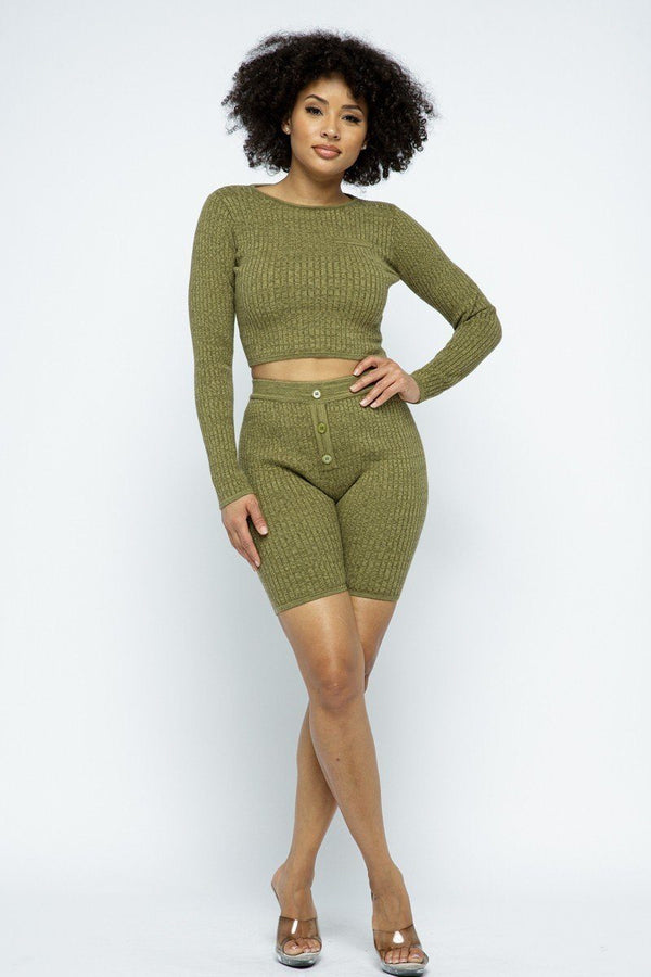 Long Sleeve Cropped Top Knit High - Waist Biker Shorts Set - Women's set - SmartBuyApparel