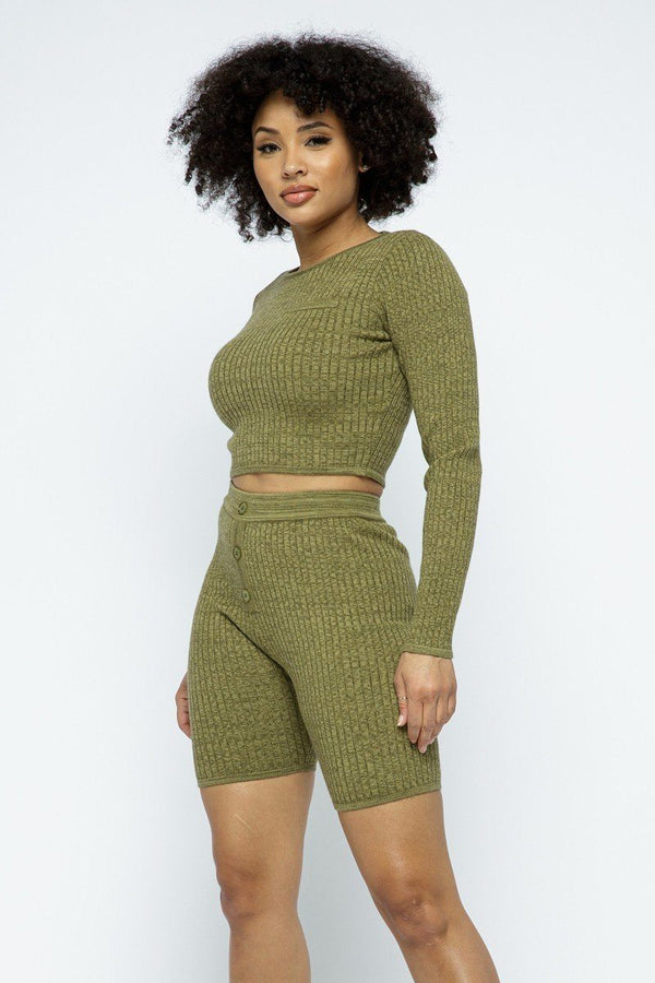 Long Sleeve Cropped Top Knit High - Waist Biker Shorts Set - Women's set - SmartBuyApparel