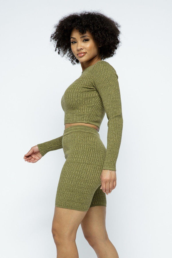 Long Sleeve Cropped Top Knit High - Waist Biker Shorts Set - Women's set - SmartBuyApparel