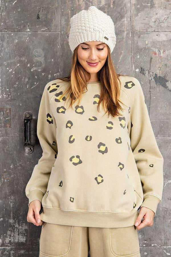 Long Sleeve Leopard Print Washed Terry Sweatshirt - women's sweatshirt - SmartBuyApparel