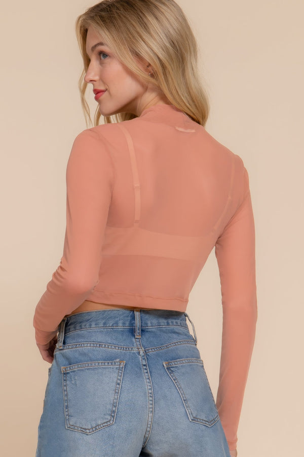 Long Sleeve Mock Neck Mesh Top - Women's top - SmartBuyApparel