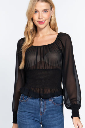 Long Sleeve Smocked Chiffon Top - Women's top - SmartBuyApparel